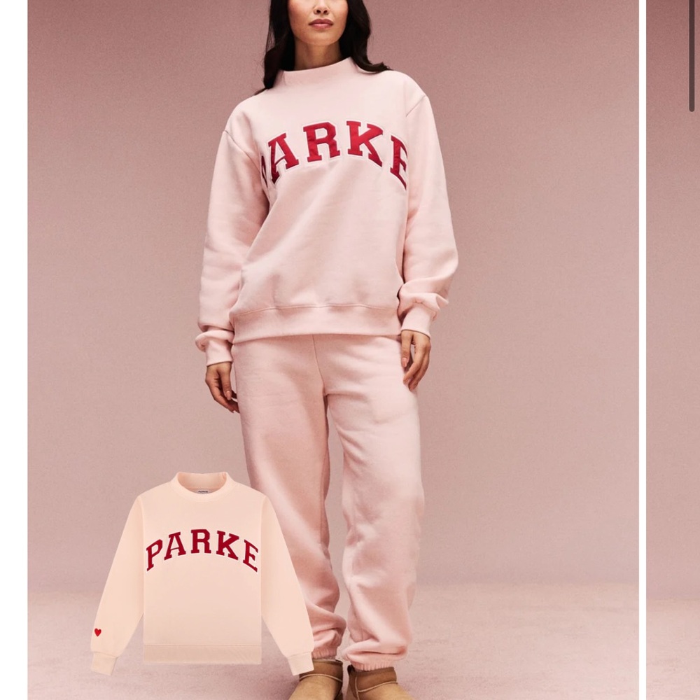 Valentine’s Drop- Parke Varsity Fleece Mockneck in colors Peony + Crimson.